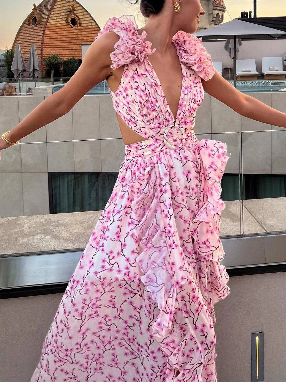 Maxikleid mit V Ausschnitt Rosenprint