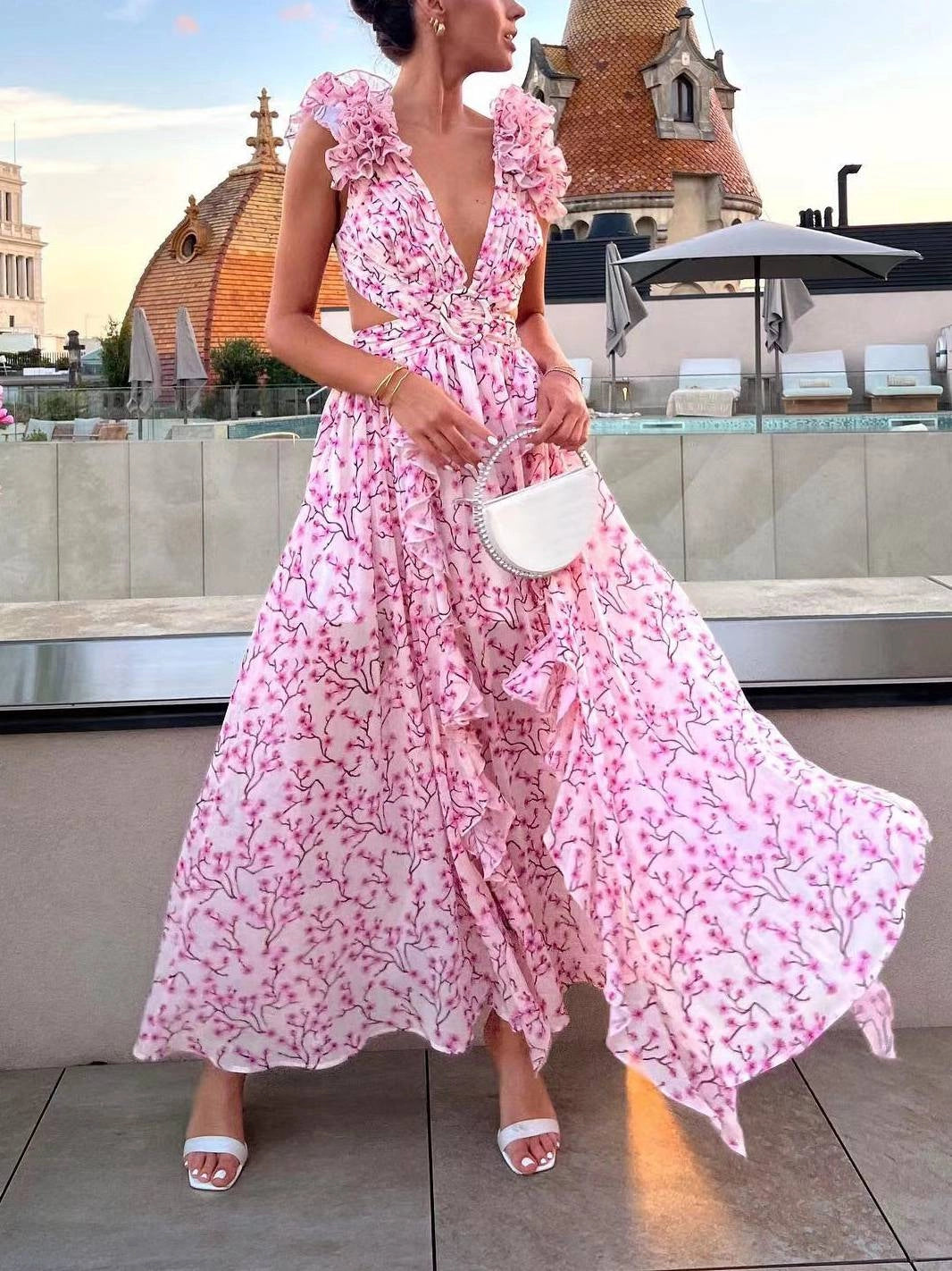 Maxikleid mit V Ausschnitt Rosenprint