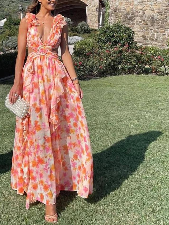 Maxikleid mit V Ausschnitt Rosenprint