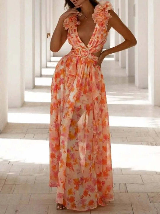 Maxikleid mit V Ausschnitt Rosenprint